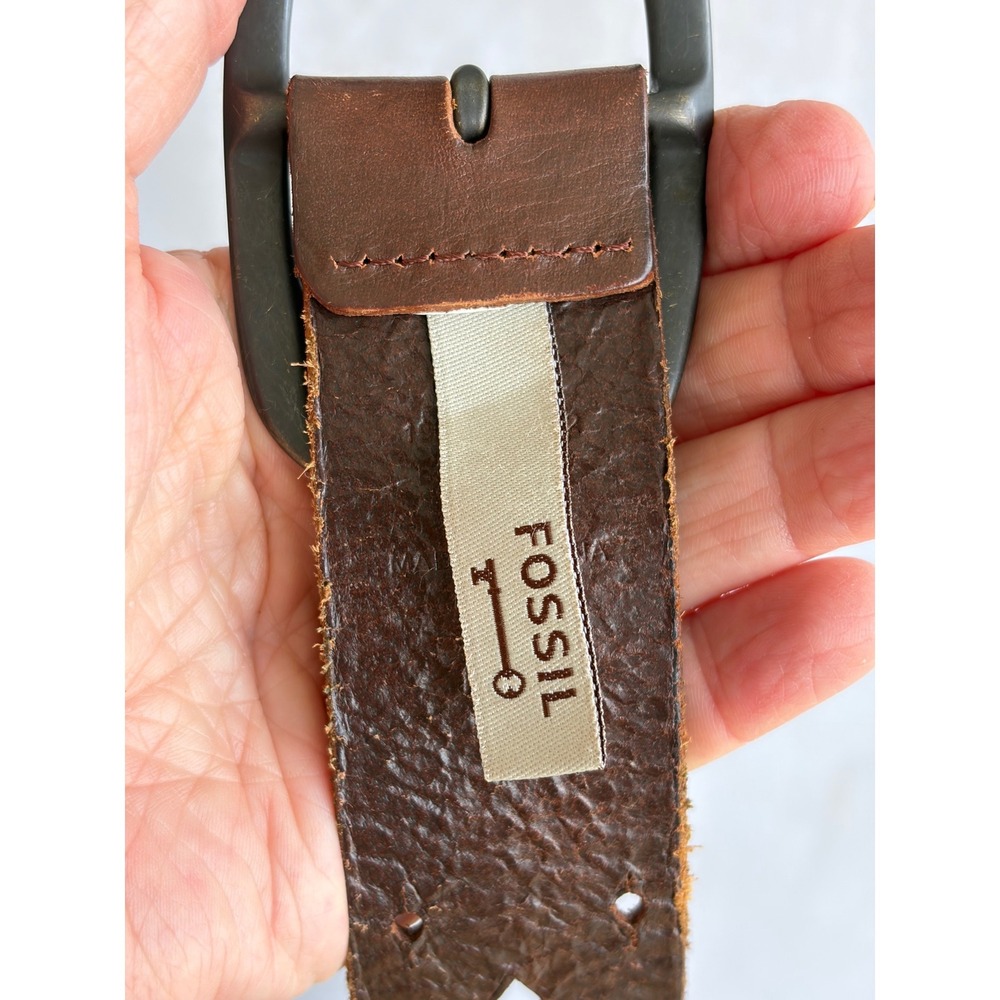 Fossil Brown Leather Belt Geometric Diamond Cutout Southwestern Womens 36 in - Picture 5 of 7